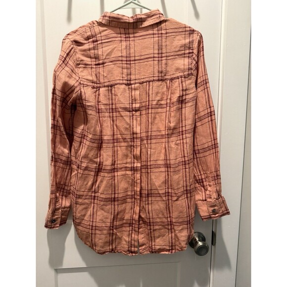 Women’s Free People No Limits Plaid Linen Shirt Button Down Peach Long Sleeve XS - Picture 7 of 8